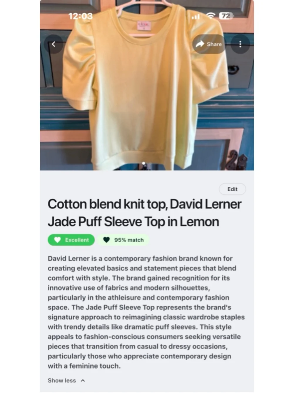 Women's David Lerner M Lime Green Cotton Blend Puff Sleeve Top - Picture 5 of 6